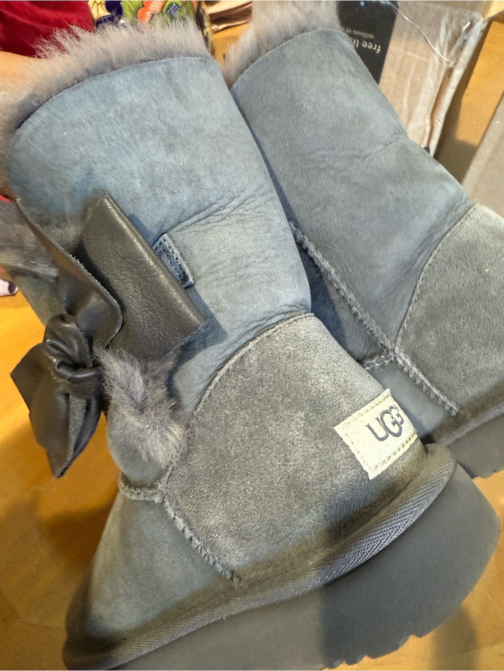 UGG Gray Suede Short Shearling Boots with Bow - Picture 6 of 12